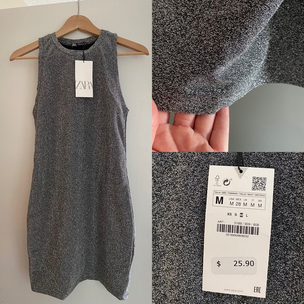 Zara silver glitter stretchy tank minidress - M